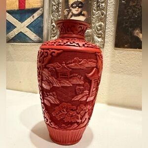 Vintage Chinese Cinnabar Lacquer Vase Hand-Carved Landscape Scene, Blue Enamel